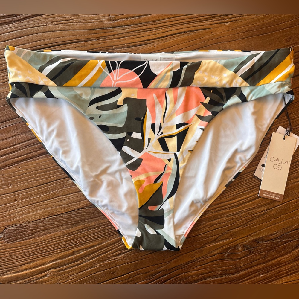 NWT Calia XL swim bottoms- wide banded in “Multi Palm”